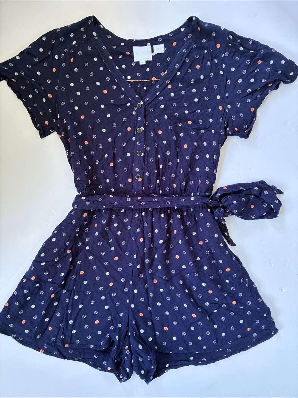 ett:twa by Anthropologie Navy Polka-Dot Short-Sleeve Romper Large - Picture 11 of 14
